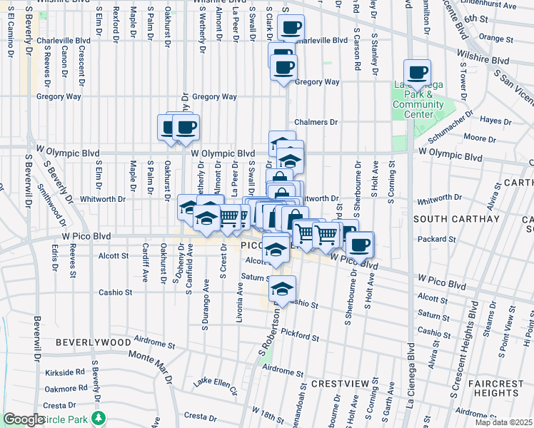 map of restaurants, bars, coffee shops, grocery stores, and more near 1125 South Clark Drive in Los Angeles