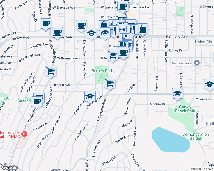 map of restaurants, bars, coffee shops, grocery stores, and more near 515 Garfield Avenue South in Monterey Park