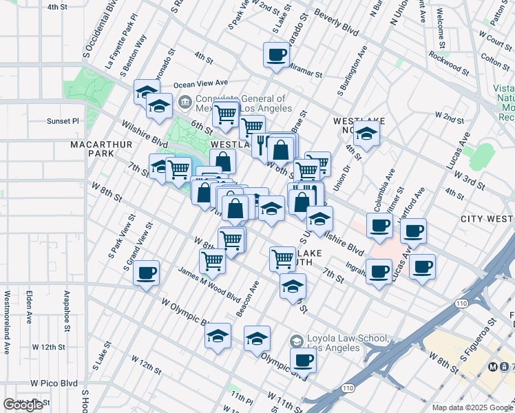 map of restaurants, bars, coffee shops, grocery stores, and more near 676 South Bonnie Brae Street in Los Angeles