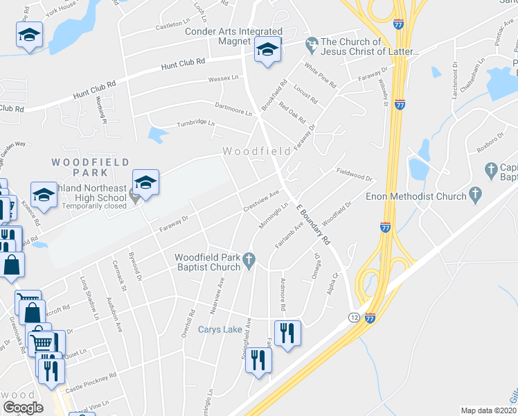 map of restaurants, bars, coffee shops, grocery stores, and more near 1806 Crestview Avenue in Columbia