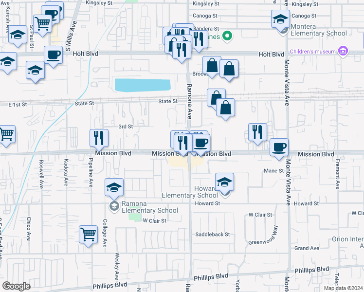 map of restaurants, bars, coffee shops, grocery stores, and more near Ramona Avenue in Montclair