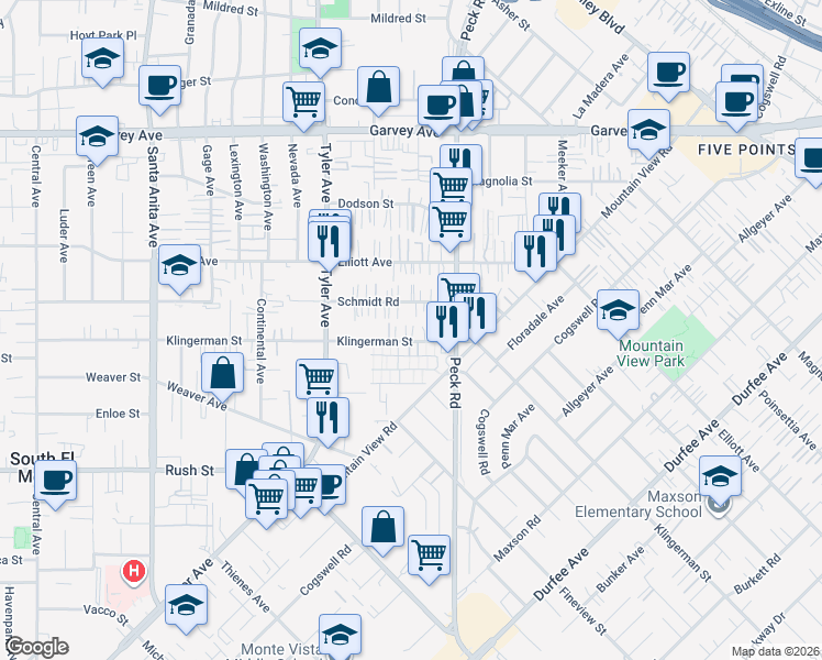 map of restaurants, bars, coffee shops, grocery stores, and more near 11155 Klingerman Street in El Monte