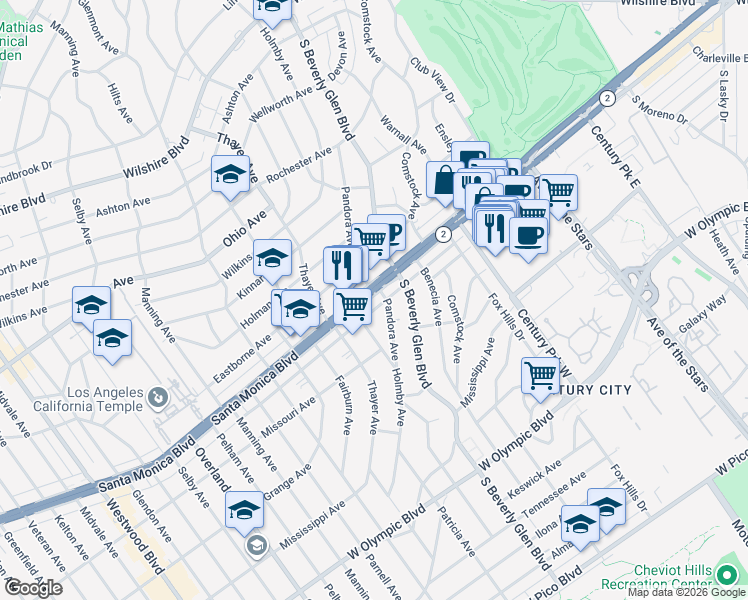 map of restaurants, bars, coffee shops, grocery stores, and more near 10438 Santa Monica Boulevard in Los Angeles