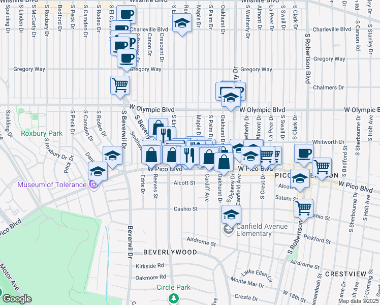 map of restaurants, bars, coffee shops, grocery stores, and more near 1124 Rexford Drive in Los Angeles