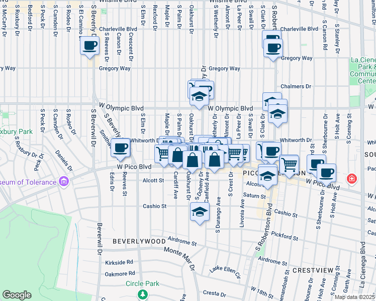 map of restaurants, bars, coffee shops, grocery stores, and more near 1125 South Oakhurst Drive in Los Angeles