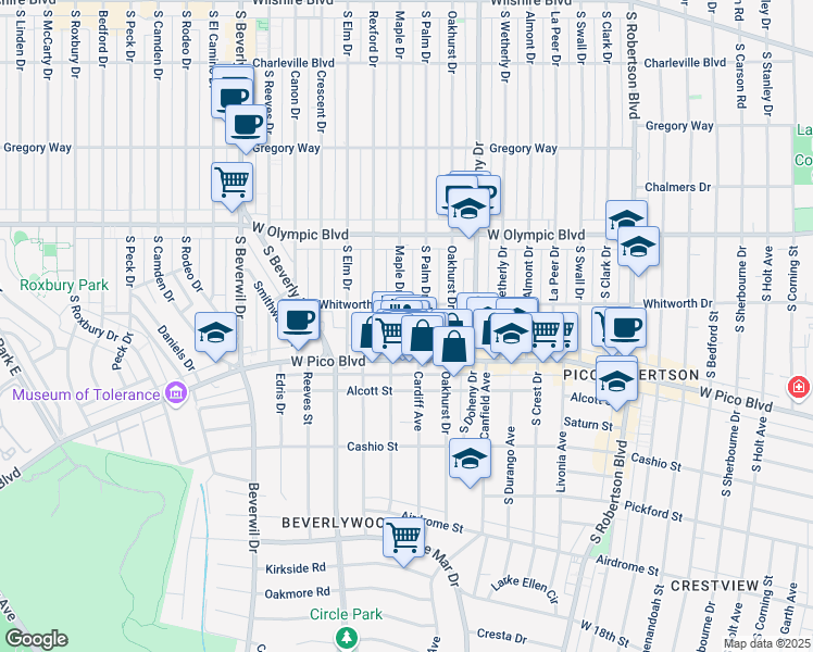 map of restaurants, bars, coffee shops, grocery stores, and more near 1141 Cardiff Avenue in Los Angeles