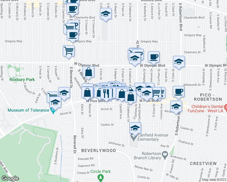 map of restaurants, bars, coffee shops, grocery stores, and more near Glenville Drive in Los Angeles