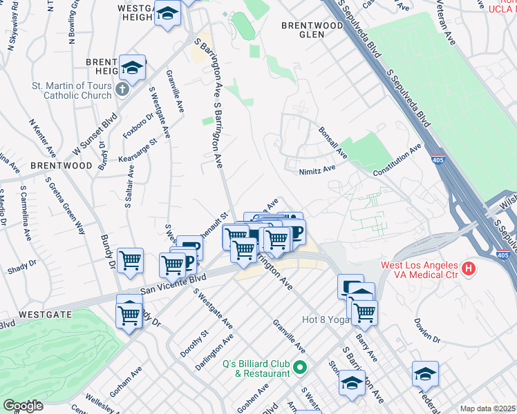 map of restaurants, bars, coffee shops, grocery stores, and more near 11645 Montana Avenue in Los Angeles