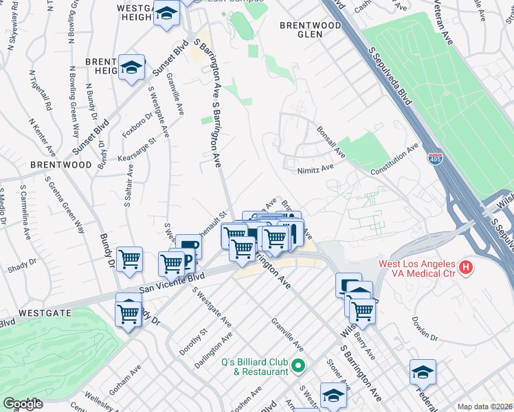 map of restaurants, bars, coffee shops, grocery stores, and more near 11645 Montana Avenue in Los Angeles