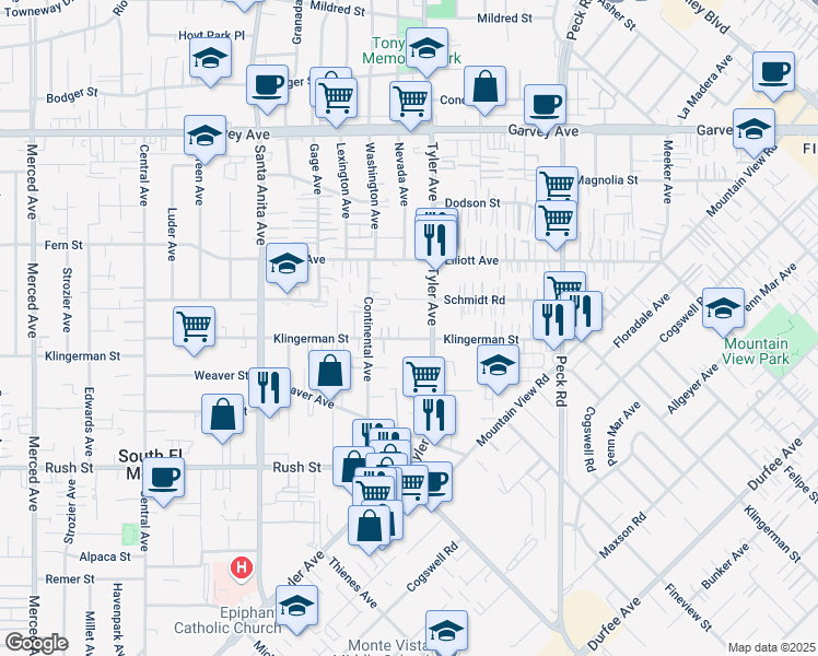 map of restaurants, bars, coffee shops, grocery stores, and more near 10945 Klingerman Street in South El Monte