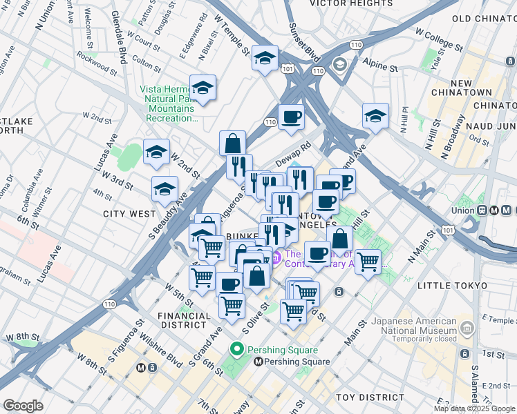 map of restaurants, bars, coffee shops, grocery stores, and more near 800 West 1st Street in Los Angeles