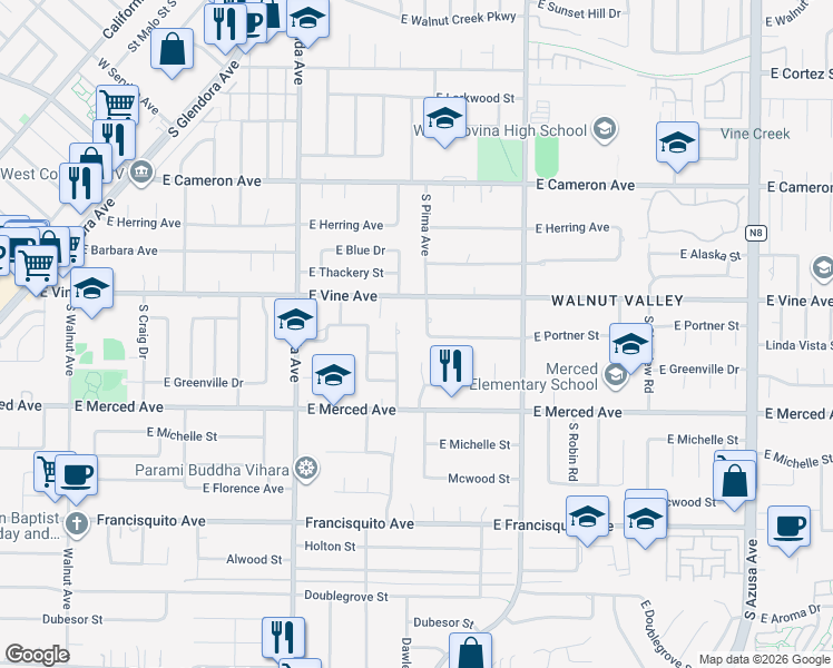 map of restaurants, bars, coffee shops, grocery stores, and more near 1031 South Pima Avenue in West Covina