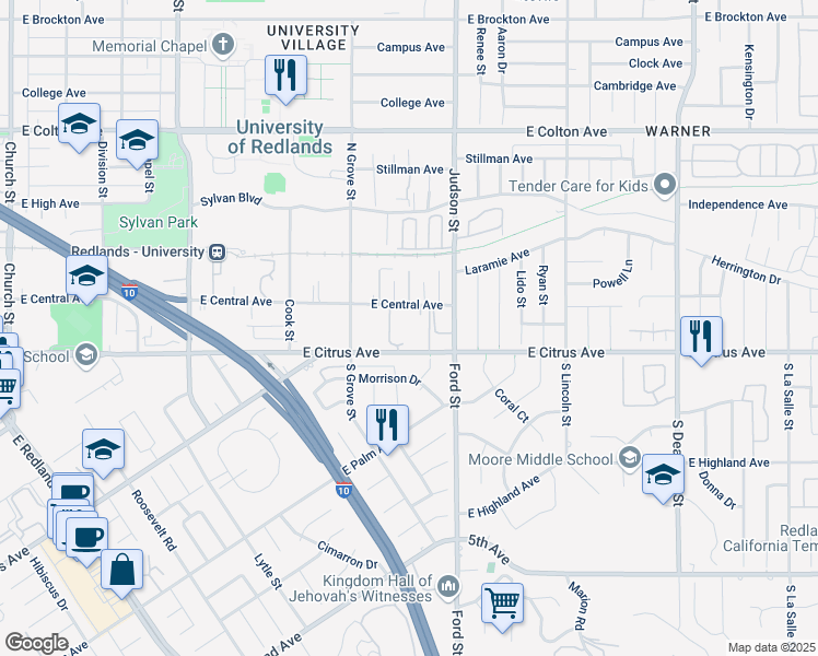 map of restaurants, bars, coffee shops, grocery stores, and more near 1365 East Citrus Avenue in Redlands