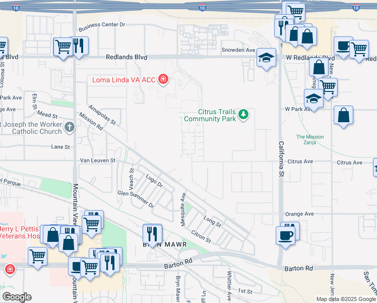 map of restaurants, bars, coffee shops, grocery stores, and more near 26101-26199 Danbury Drive in Redlands