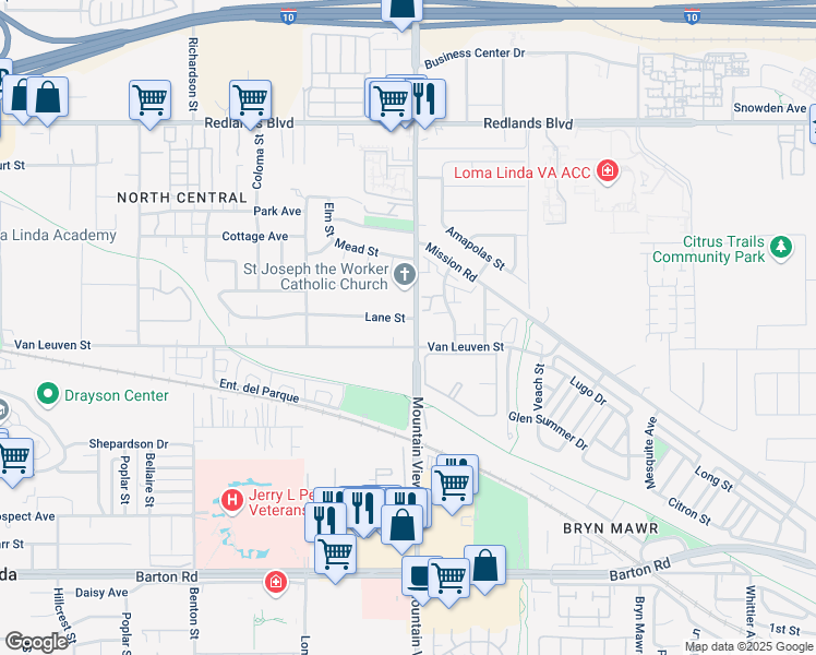 map of restaurants, bars, coffee shops, grocery stores, and more near 25664 Van Leuven Street in Loma Linda