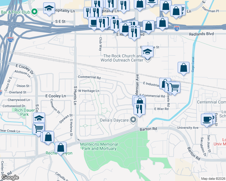 map of restaurants, bars, coffee shops, grocery stores, and more near 2514 Young Court in San Bernardino