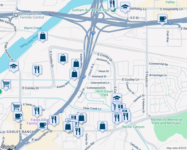 map of restaurants, bars, coffee shops, grocery stores, and more near 1812 Overland Street in Colton