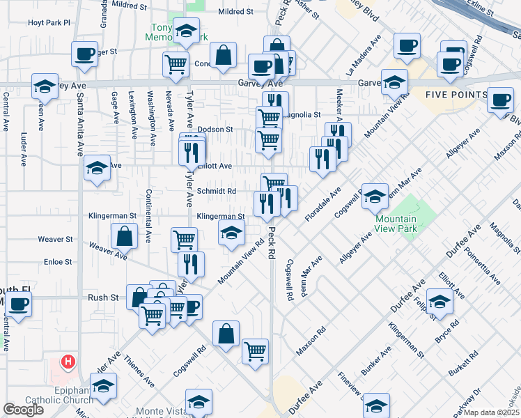 map of restaurants, bars, coffee shops, grocery stores, and more near 11209 Klingerman Street in El Monte