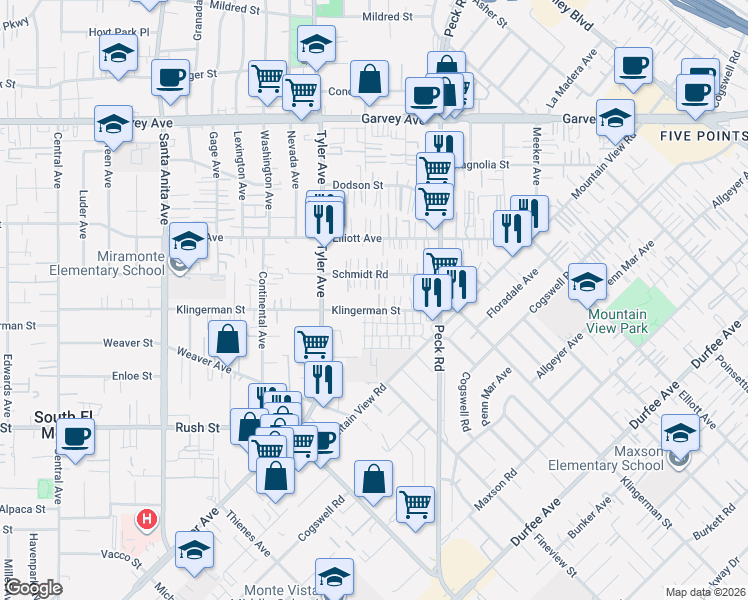 map of restaurants, bars, coffee shops, grocery stores, and more near 11116 Klingerman Street in El Monte