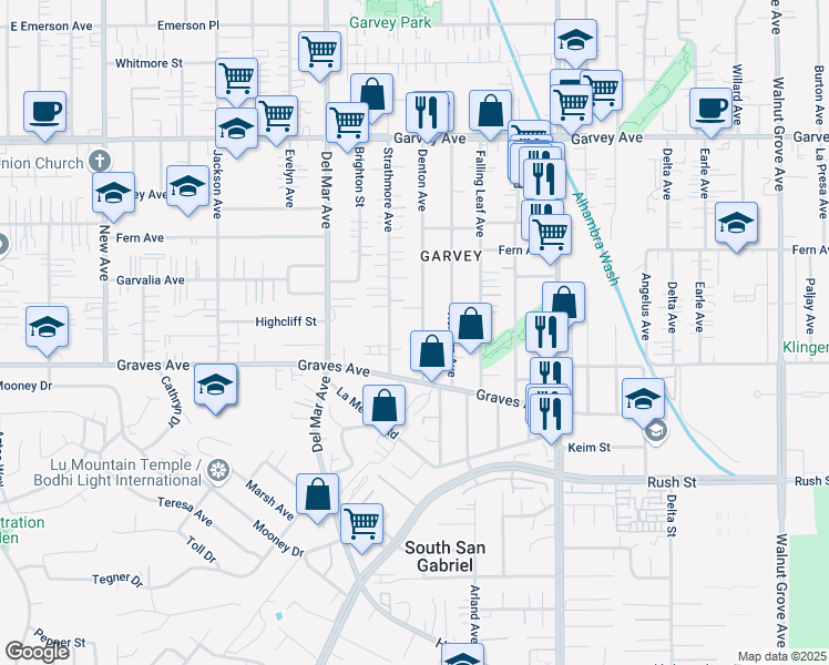map of restaurants, bars, coffee shops, grocery stores, and more near 2438 Strathmore Avenue in Rosemead