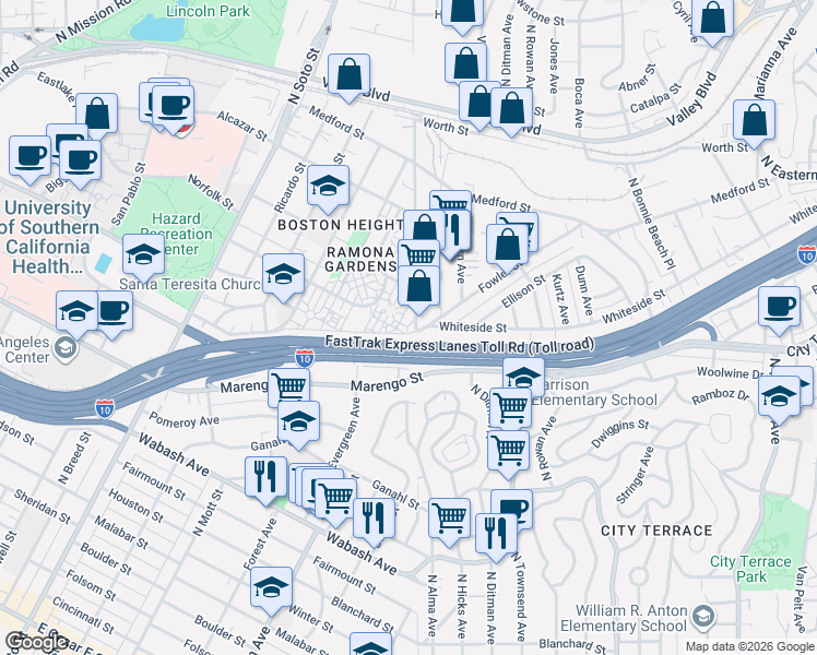 map of restaurants, bars, coffee shops, grocery stores, and more near 3208 Fowler Street in Los Angeles