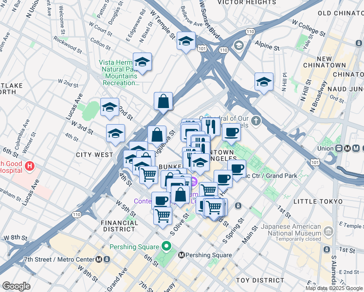 map of restaurants, bars, coffee shops, grocery stores, and more near 121 South Hope Street in Los Angeles
