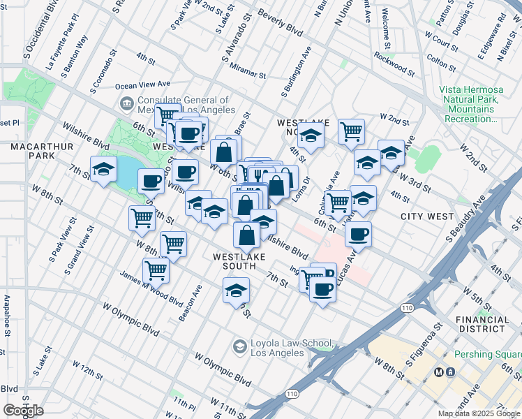 map of restaurants, bars, coffee shops, grocery stores, and more near 1625 Wilshire Boulevard in Los Angeles