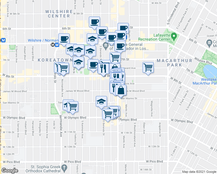 map of restaurants, bars, coffee shops, grocery stores, and more near in Los Angeles