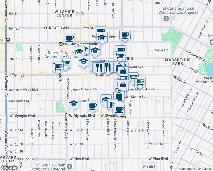 map of restaurants, bars, coffee shops, grocery stores, and more near in Los Angeles