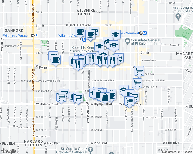 map of restaurants, bars, coffee shops, grocery stores, and more near 871 South Mariposa Avenue in Los Angeles