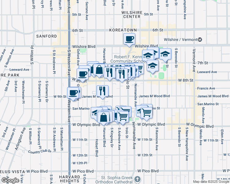 map of restaurants, bars, coffee shops, grocery stores, and more near 869 South Ardmore Avenue in Los Angeles