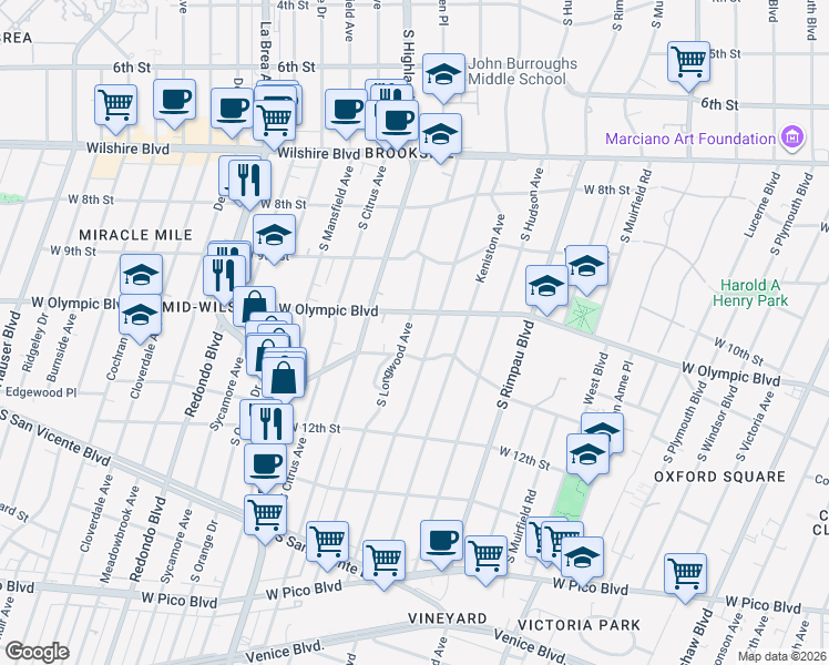 map of restaurants, bars, coffee shops, grocery stores, and more near 1037 South Tremaine Avenue in Los Angeles