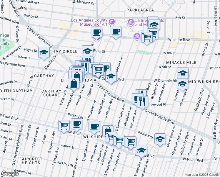 map of restaurants, bars, coffee shops, grocery stores, and more near 1053 South Stanley Avenue in Los Angeles