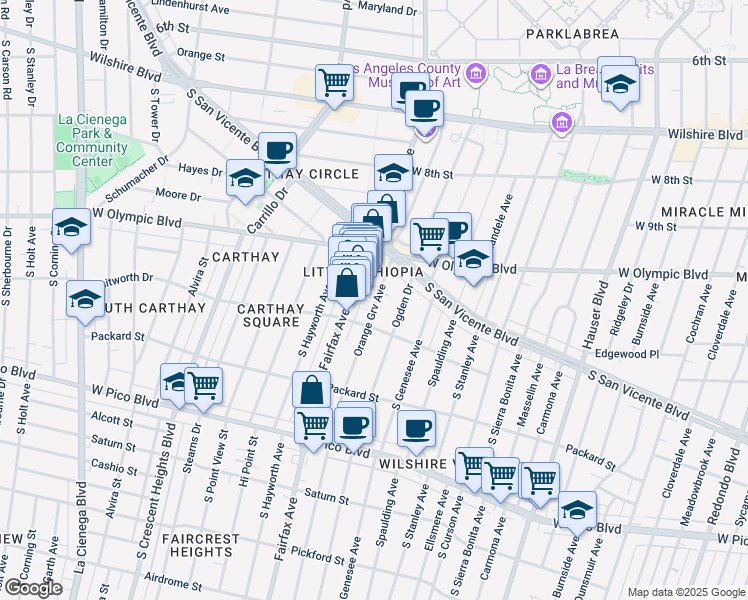 map of restaurants, bars, coffee shops, grocery stores, and more near 1064 South Orange Grove Avenue in Los Angeles