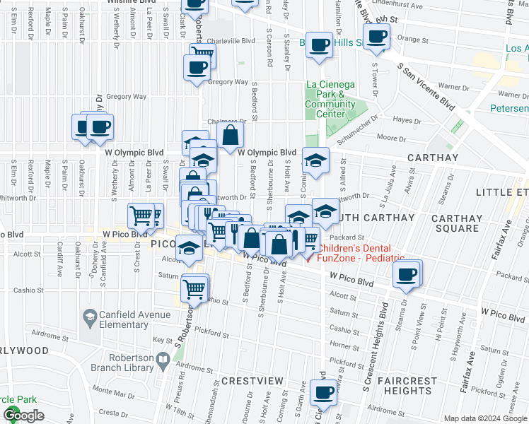map of restaurants, bars, coffee shops, grocery stores, and more near in Los Angeles