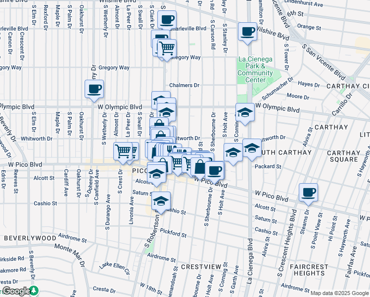 map of restaurants, bars, coffee shops, grocery stores, and more near 1142 South Shenandoah Street in Los Angeles