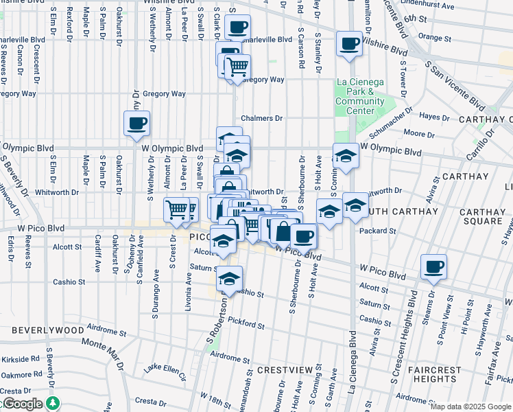map of restaurants, bars, coffee shops, grocery stores, and more near 1142 South Shenandoah Street in Los Angeles