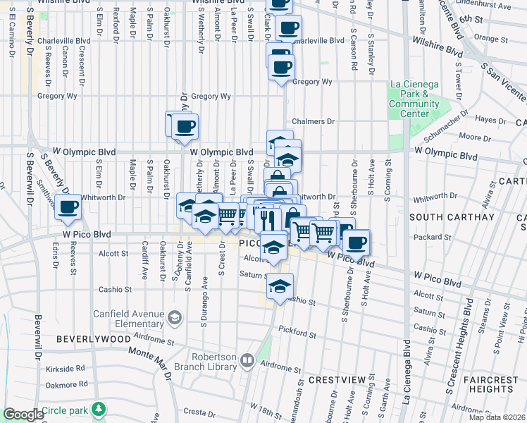 map of restaurants, bars, coffee shops, grocery stores, and more near 1147 South Robertson Boulevard in Los Angeles