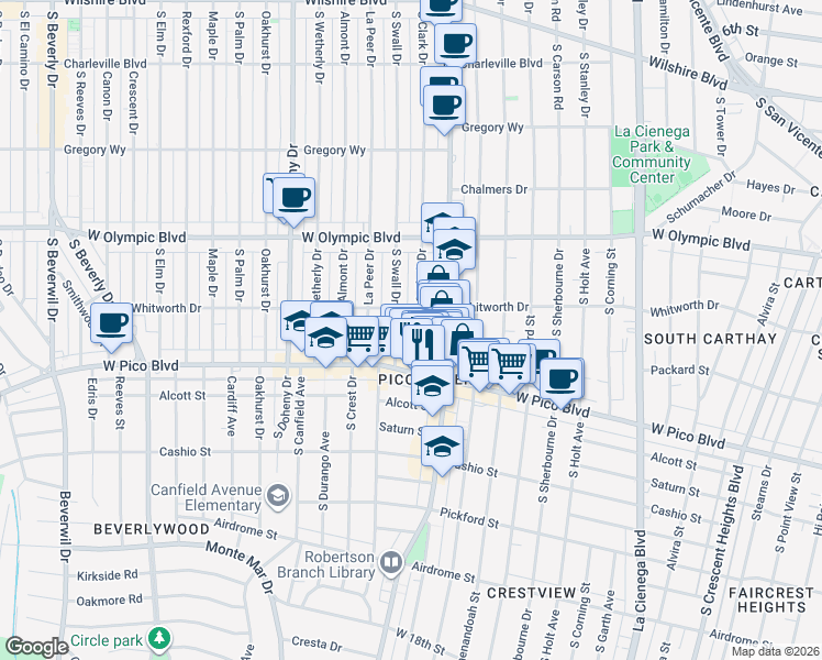 map of restaurants, bars, coffee shops, grocery stores, and more near 1147 South Robertson Boulevard in Los Angeles