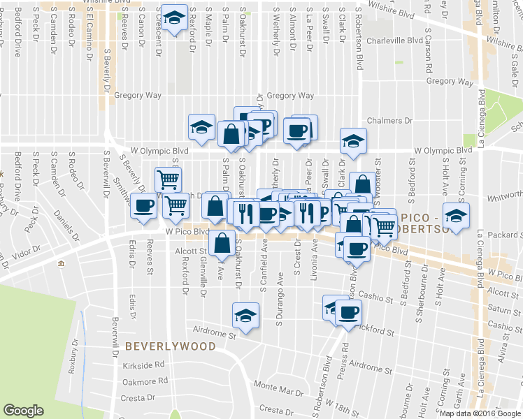 map of restaurants, bars, coffee shops, grocery stores, and more near 1139 South Wetherly Drive in Los Angeles