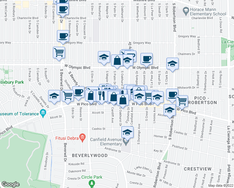 map of restaurants, bars, coffee shops, grocery stores, and more near 1141 Cardiff Avenue in Los Angeles