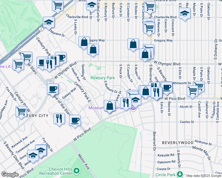 map of restaurants, bars, coffee shops, grocery stores, and more near 1214 Beverly Green Drive in Los Angeles