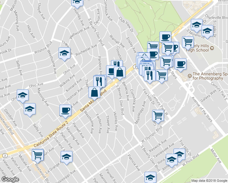 map of restaurants, bars, coffee shops, grocery stores, and more near 1851 South Beverly Glen Boulevard in Los Angeles
