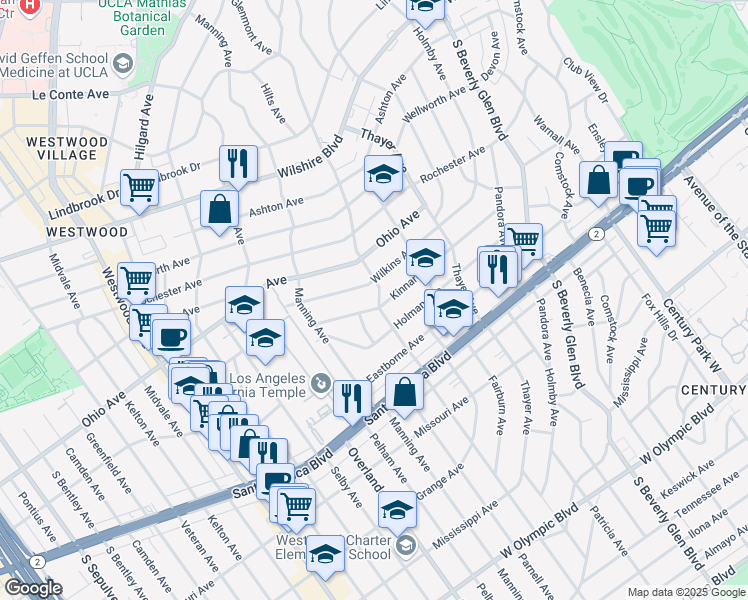 map of restaurants, bars, coffee shops, grocery stores, and more near 10598 Kinnard Avenue in Los Angeles