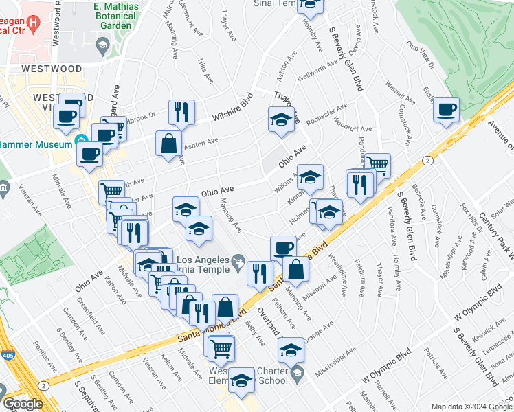 map of restaurants, bars, coffee shops, grocery stores, and more near 10633 Kinnard Avenue in Los Angeles