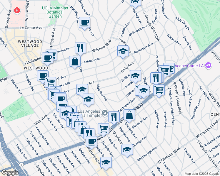 map of restaurants, bars, coffee shops, grocery stores, and more near 10633 Kinnard Avenue in Los Angeles