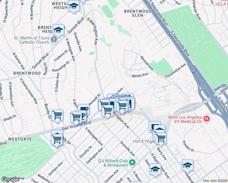 map of restaurants, bars, coffee shops, grocery stores, and more near 11642 Montana Avenue in Los Angeles