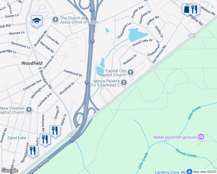 map of restaurants, bars, coffee shops, grocery stores, and more near 1608 Willowby Street in Columbia
