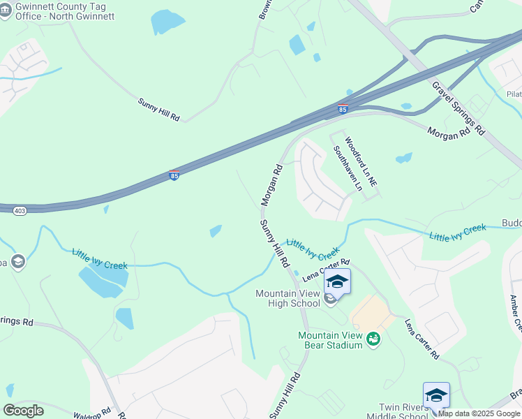 map of restaurants, bars, coffee shops, grocery stores, and more near 2389 Sunny Hill Road in Buford