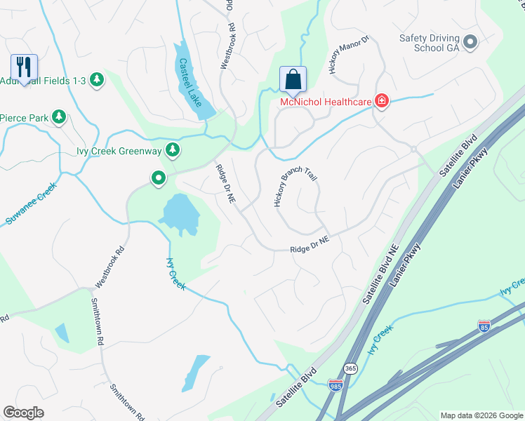 map of restaurants, bars, coffee shops, grocery stores, and more near 3551 Morning Creek Court in Suwanee